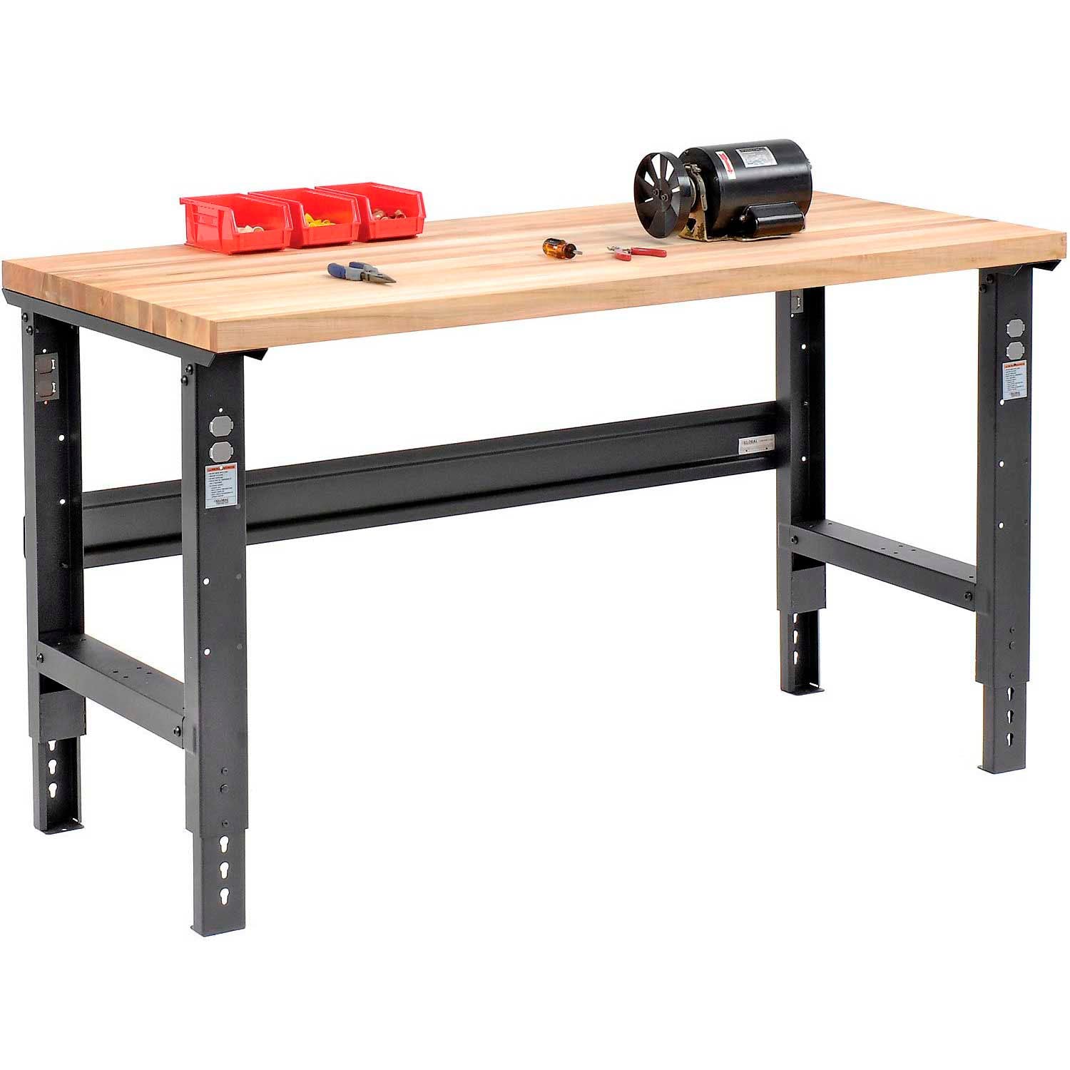 Global Industrial Adjustable Height Workbench C-Channel Leg, 60" W x 30" D, 1-3/4" Birch Top Square Edge, Black Global Industrial