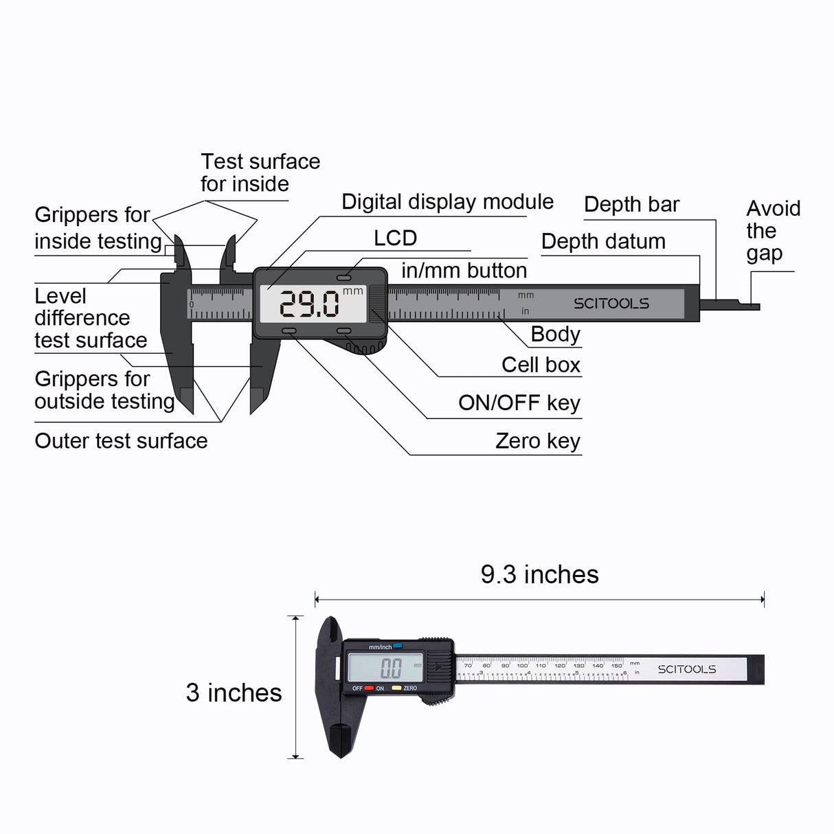 SCITOOLS Digital Caliper 0-6"Measuring Tool, Micrometer Caliper with Auto-Off Feature, Interchangeable Between inches and millimeters for Jewelry SCITOOLS