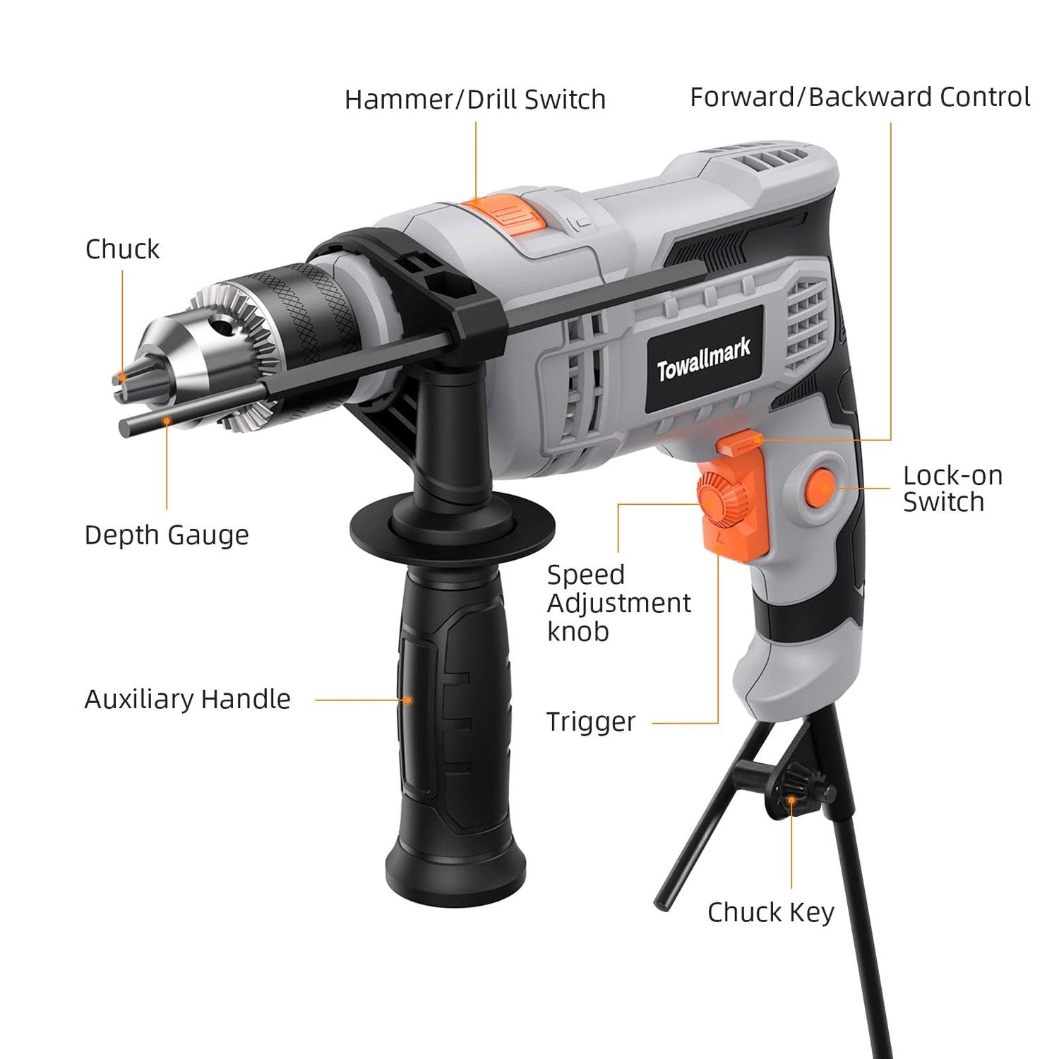 7-Amp Hammer Drill, Towallmark 1/2-Inch Electric Hammer Drill with 3000RPM, Variable Speed, 10 Drill Bits for Home Improvement, DIY, Masonry, Wood Towallmark