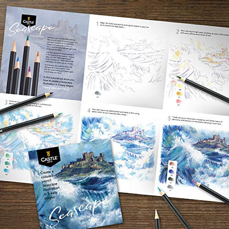 Castle Arts Themed 24 Colored Pencil Set in Tin Box, perfect colors for Seascapes. Featuring quality, smooth colored cores, superior blending & Castle Art Supplies