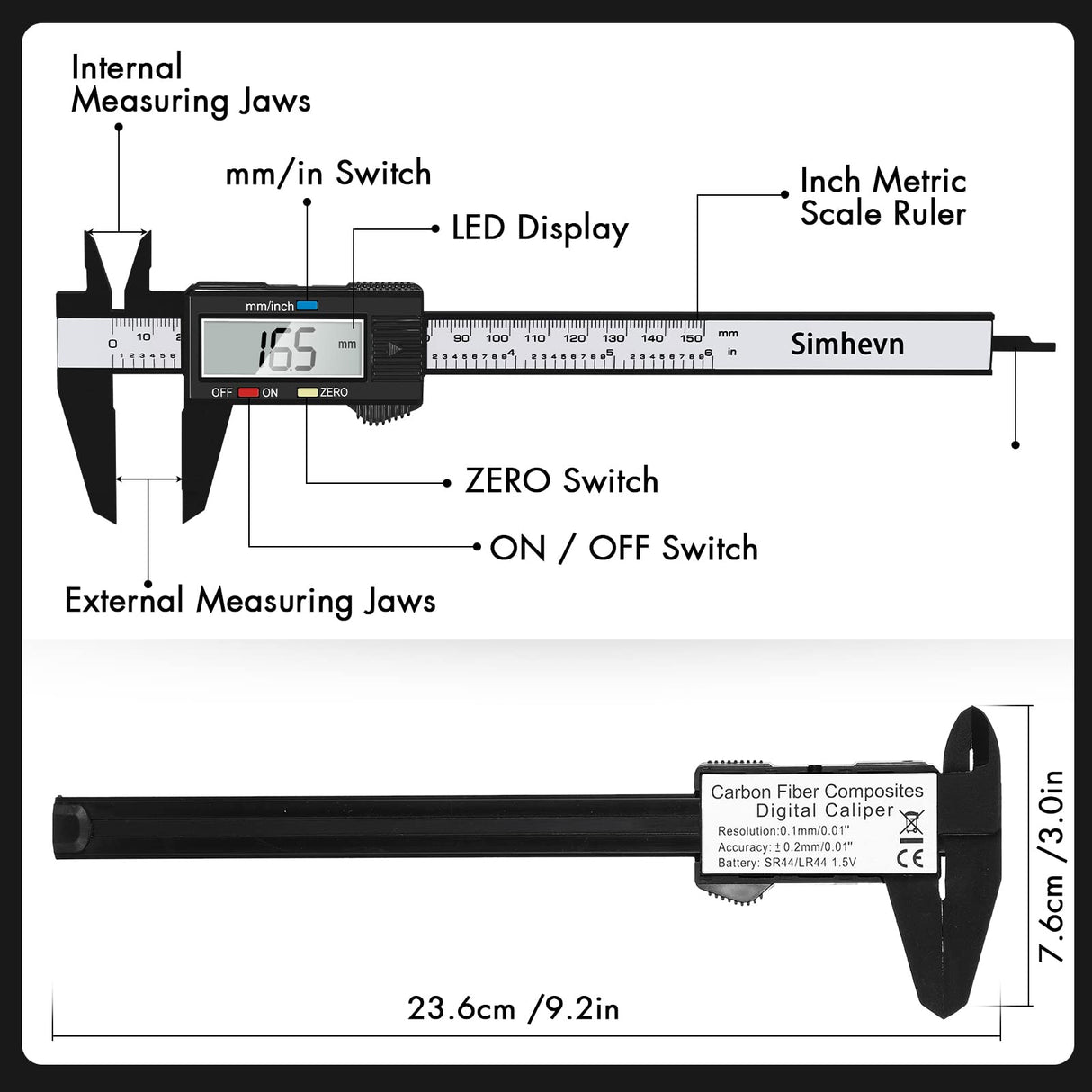 Simhevn Electronic Digital Caliper, LCD | 0 to 6 inch Inch and Millimeter Conversion, Automatic Shutdown Function, Very Suitable for home/jewelry/3D Simhevn