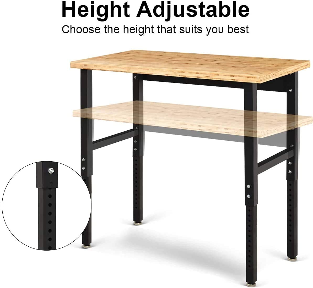 Moccha 48" Adjustable Work Bench, Work Table w/Heavy-Duty Bamboo Wood Top, Hardwood Workshop Garage Workstation, Height Adjustable Computer Desk,