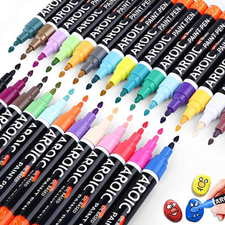 AROIC Paint Markers, 28 Colors Oil-Based Waterproof Paint Marker Pen Set.Quick Dry and Permanent Paint Markers Set for Rock, Wood, Metal, Plastic, AROIC