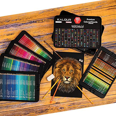 KALOUR 180 Colored Pencil Set for Adults Artists kids- 3.3mm Rich Pigment Soft Core -12 Metallic Pencil - Wax-Based - Ideal for Coloring Drawing KALOUR
