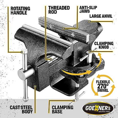 6-Inch Bench Vise, Vice for Workbench with Heavy Duty Forged Steel Construction, Built-in Pipe Jaw and Swivel Base, Table Vise for Woodworking, Home Kitvance