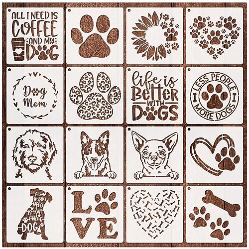 16 Pieces Dog Stencils Dog Paw Print Stencil Love Sunflower Heart Dog Stencils for Painting on Wood Reusable Painting Templates for DIY Crafts Boqon