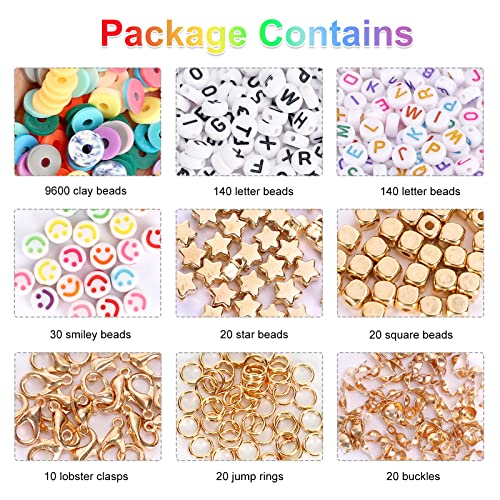 QUEFE 9600pcs Clay Beads for Bracelet Making Kit, 96 Colors Polymer Heishi Beads with Letter Beads for Jewelry Necklace Making, Craft Gifts, Preppy, QUEFE
