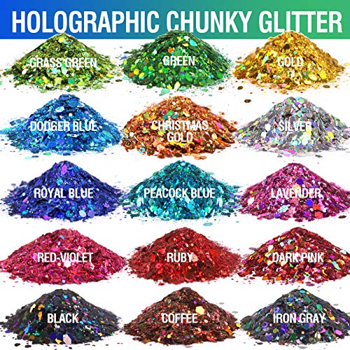 LEOBRO Holographic Chunky Glitter, 15 Colors Glitter, Craft Glitter for Resin, Nail Glitter, Festival Cosmetic Hair Face Body Glitter, Glitter Flakes