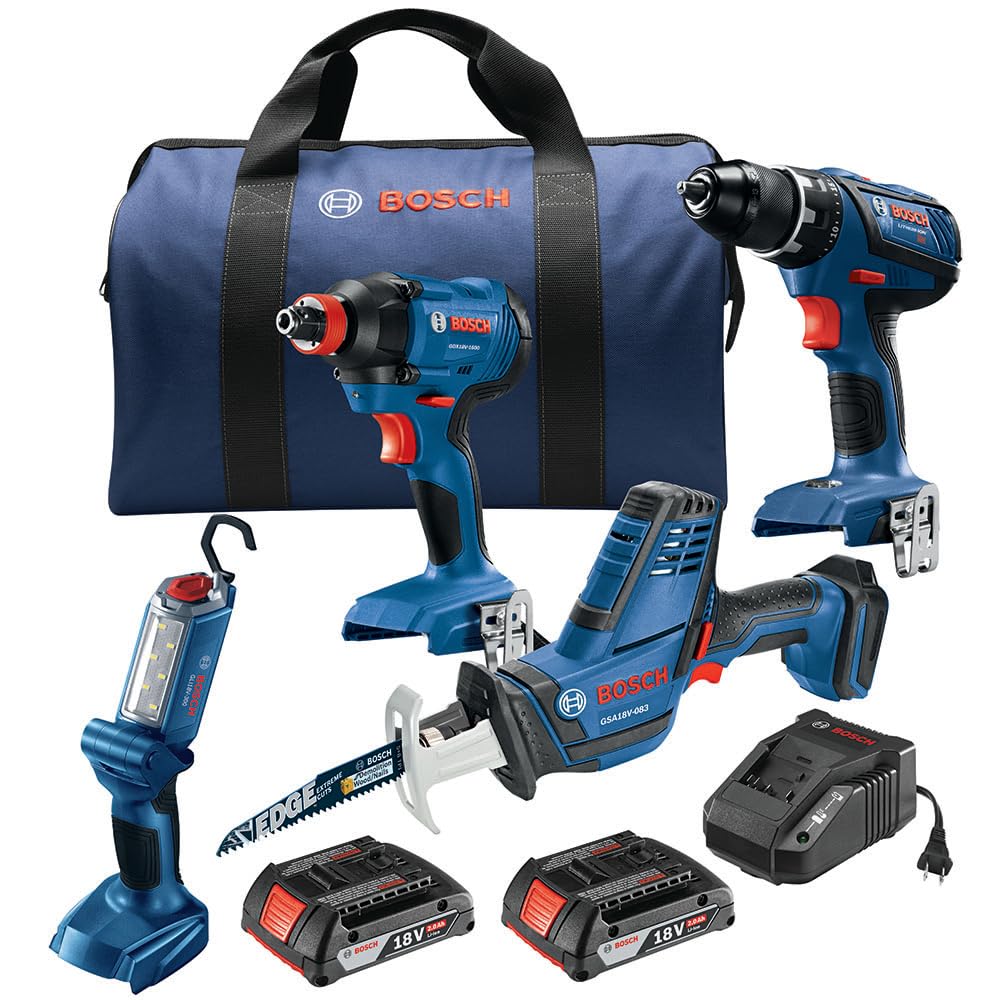 BOSCH GXL18V-496B22 18V 4-Tool Combo Kit with Compact Tough 1/2 In. Drill/Driver, Two-In-One 1/4 In. and 1/2 In. Bit/Socket Impact Driver, Compact - WoodArtSupply