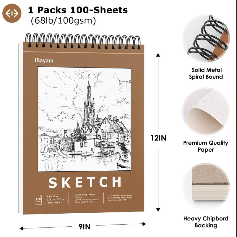 iBayam 9" x 12" Premium Sketch Book Set, 1-Pack Spiral Bound Drawing Paper, 100 Sheets (68lb/100gsm) Sketchbook, Acid-Free Art Drawing Painting iBayam