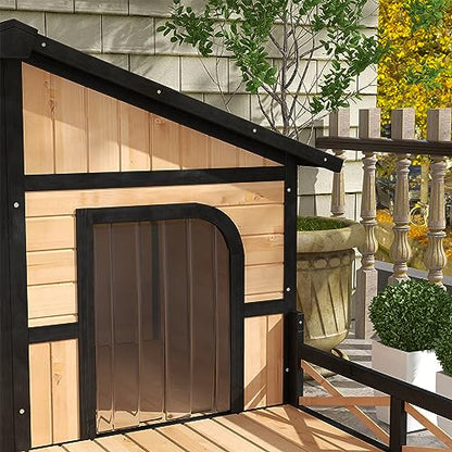 PawHut Wooden Large Dog House Outdoor Double XL Dog Kennel with Elevated Floor and Porch, Weatherproof Puppy Shelter for Small and Medium Breed Dogs,