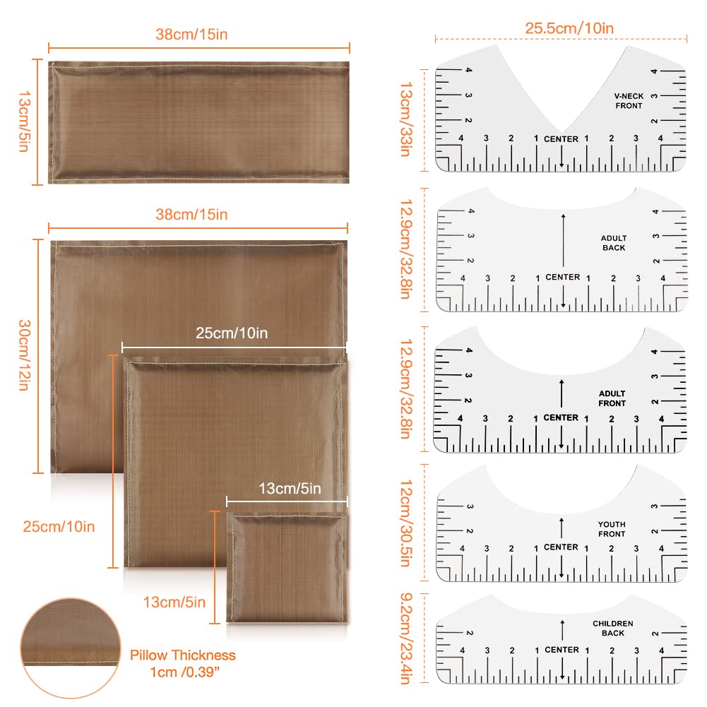 Heat Press Pillows 9 Pcs in 1 Set, 4 Sizes Heat Pressing Transfer Pillow and 5pcs Tshirt Ruler Guide for Vinyl, Teflon Pillow Sublimation Printing, Geila