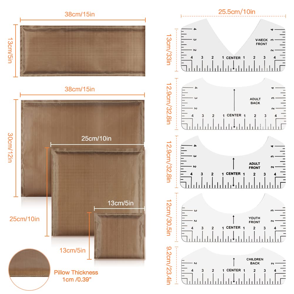 Heat Press Pillows 9 Pcs in 1 Set, 4 Sizes Heat Pressing Transfer Pillow and 5pcs Tshirt Ruler Guide for Vinyl, Teflon Pillow Sublimation Printing, - WoodArtSupply