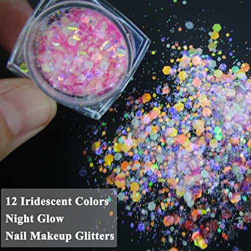 12 Colors Night Glow Chunky Glitters Flakes Luminous Neon Powder Glitter Sequins for Acrylic Nails/Crafts/Resin/Makeup/Festival/Slime - WoodArtSupply