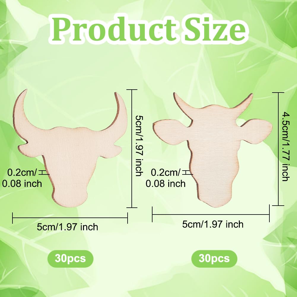 OLYCRAFT 60Pcs 2 Styles Unfinished Wood Cow Head Pieces Wood Cattle Head Blank Cutouts Unfinished Cow Wood Pieces Blank Wooden Cow Slices for OLYCRAFT