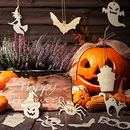 60 Pieces Halloween Wood Slices Cutouts Pumpkin Wooden Hanging Ornaments Happy Halloween Ghost Witches Gift Tags with Twine Ropes Kids DIY Crafts for