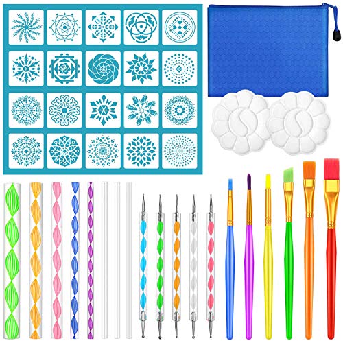 Mandala Dotting Tool Art Kit, Audab 42 Pcs Mandala Rock Dotting Set with Stencil Templates, Stylus Pens Paint Tray and Paint Brushes for Mandala Rock Audab