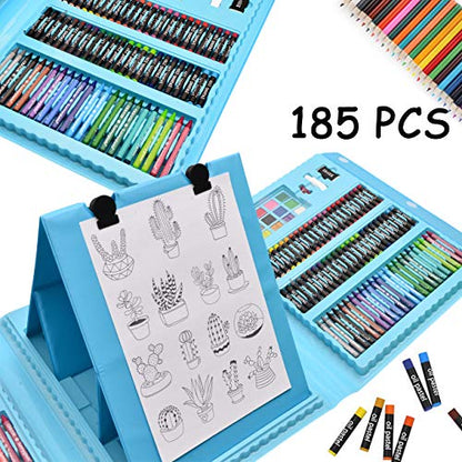 Sunnyglade 185 Pieces Double Sided Trifold Easel Art Set, Drawing Art Box with Oil Pastels, Crayons, Colored Pencils, Markers, Paint Brush, - WoodArtSupply