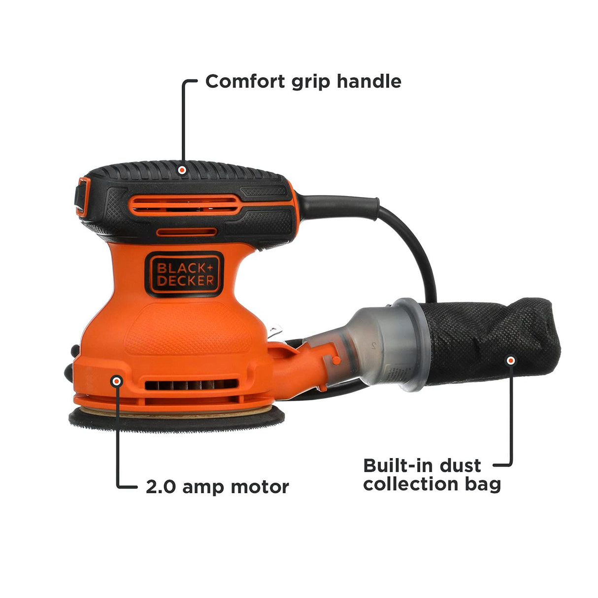 BLACK+DECKER Orbital Sander, 5 Inch, 2.0 Amp, 12000 OPM, Corded, 1 Sandpaper Sheet and Dust Bag Included (BDERO100) BLACK+DECKER