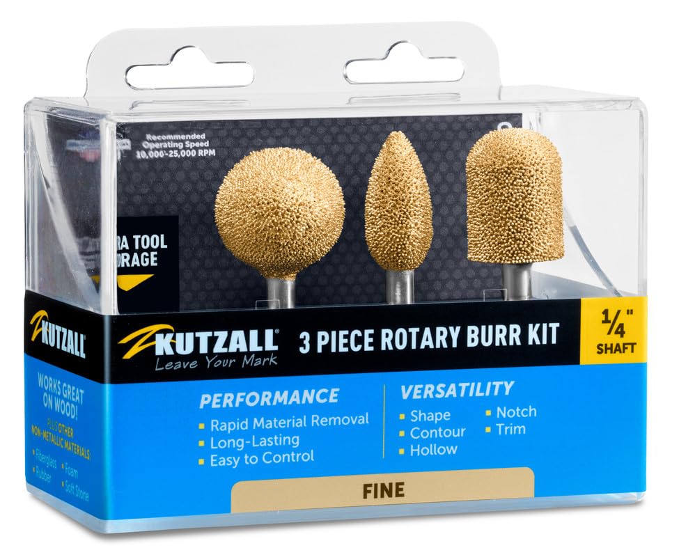 Kutzall 3-Piece Rotary Burr Kit - 1⁄4" Shaft, Fine - Woodworking Attachment for Bosch, DeWalt, Makita, Milwaukee Tools - Structured Tungsten Carbide - WoodArtSupply