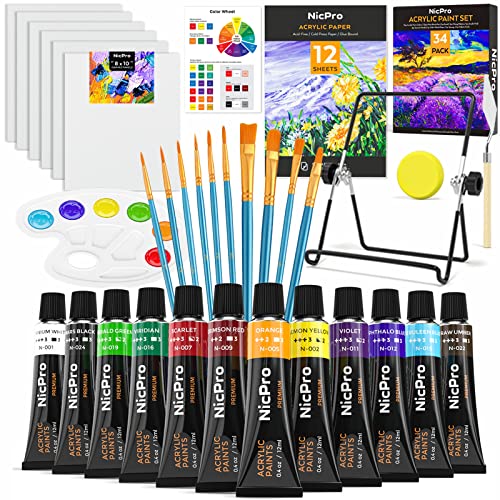 Nicpro Kid Paint Set, 34 PCS Painting Supplies Party Kit Non Toxic,12 Colors Acrylic Paint, Table Easel, 6 Canvas Panels, 10 Brushes, Paper Pad,