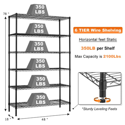 Wire Shelving Unit, Metal , with Wheels 6 Tier 2100lbs 48in L×18in W×82in H Storage Shelves Height Adjustable NSF Heavy Duty Steel Shelf Movable for