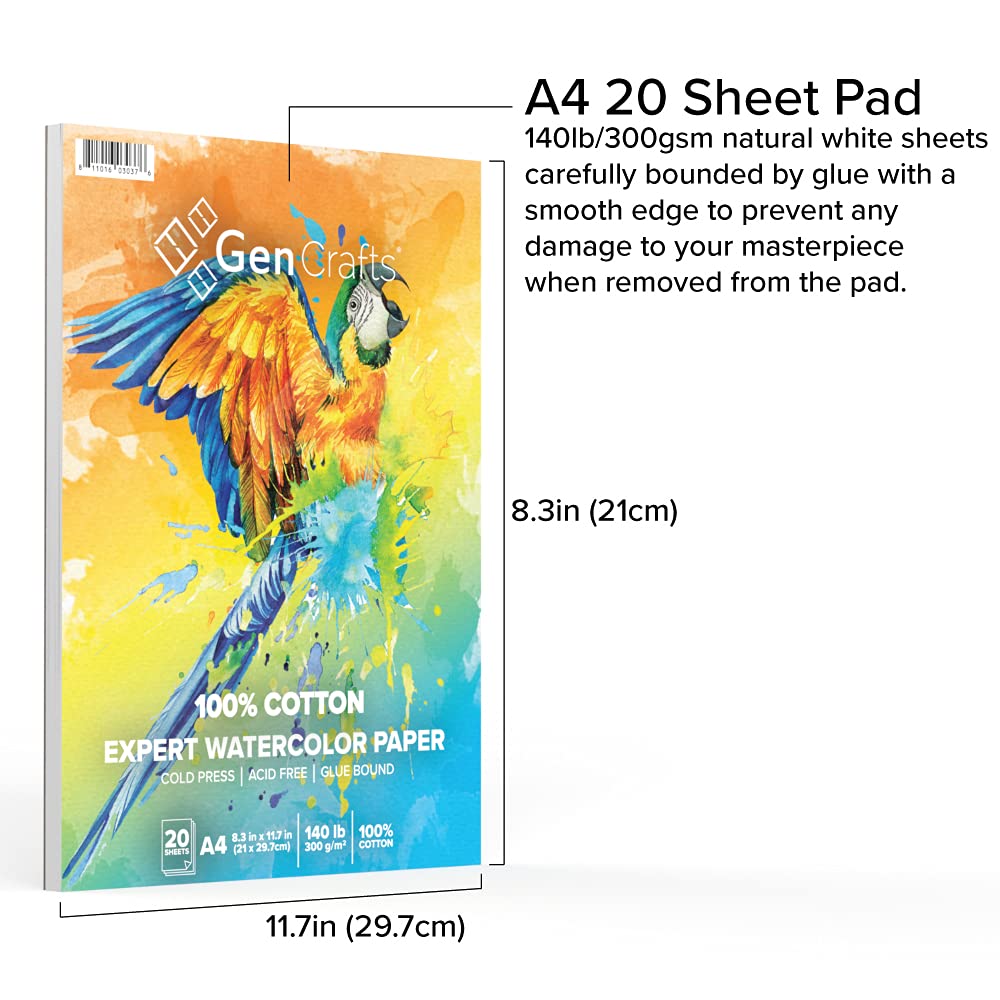 GenCrafts 100% Cotton Watercolor Paper Pad - A4 8.3x11.7" - 20 Sheets (140lb/300gsm) - Cold Press Acid Free Art Sketchbook Pad for Painting & - WoodArtSupply