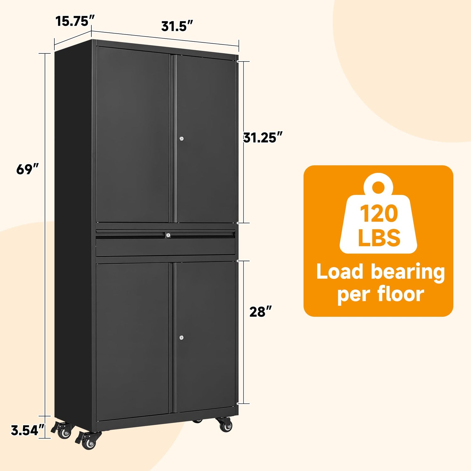 STANI Metal Garage Storage Cabinets with Drawer, 4 Doors Tool Storage Cabinet with 2 Adjustable Shelves, 72"-Rolling Steel Locking Cabinet for Garage STANI