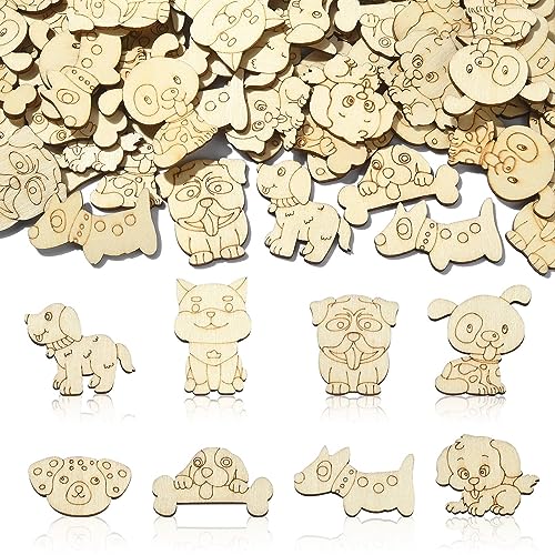 LiQunSweet 100 Pcs 9 Styles Random Animal Dog Puppy Blank Wooden Slices Charms Unfinished Wood Cutouts for Children Girl Boy DIY Craft Toy Painting