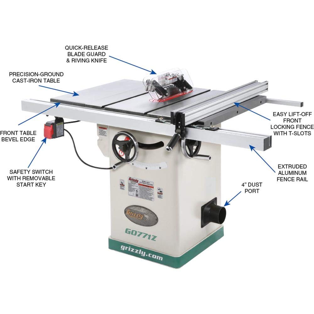 Grizzly Industrial G0771Z - 10" 2 HP 120V Hybrid Table Saw with T-Shaped Fence - WoodArtSupply