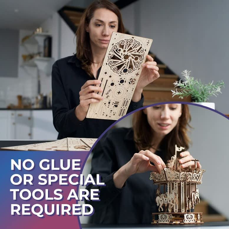 UGEARS Carousel Wooden Mechanical 3D Model Self-Assembling Craft DIY Kit Adult and Teens Puzzle Gift UGEARS