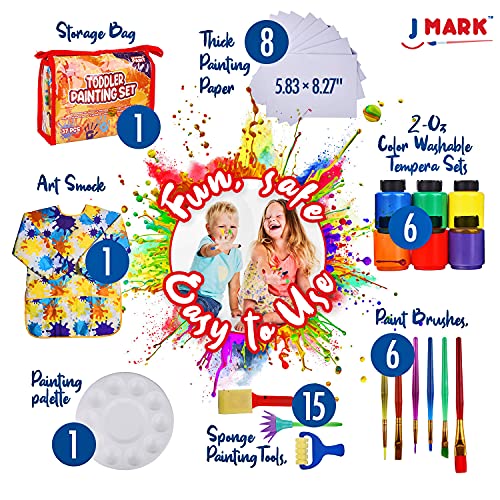 J MARK Complete Toddler Painting Set – Includes Washable Toddler Paint, Art Smock, Toddler Painting Paper, Brushes, Brushes, Toddler Art Set Painting J MARK