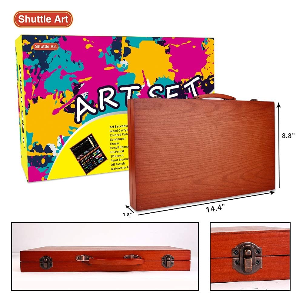 Shuttle Art 118 Piece Deluxe Art Set, Art Supplies in Wooden Case, Painting Drawing Art Kit with Acrylic Paint Pencils Oil Pastels Watercolor Cakes Shuttle Art