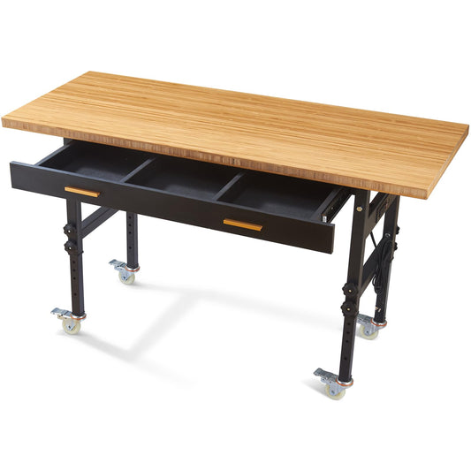 Work Bench, Adjustable Workbench with Drawer | Wheels | Power Outlet, 2700 LBS Load Capacity Heavy Duty Work Bench, Bamboo Wood Desktop Work Table - WoodArtSupply