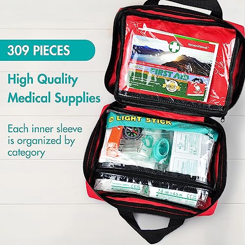 General Medi First Aid Kit -309 Pieces- Reflective Bag Design - Including Eyewash, Bandages, Moleskin Pad and Emergency Blanket for Travel, Home, General Medi
