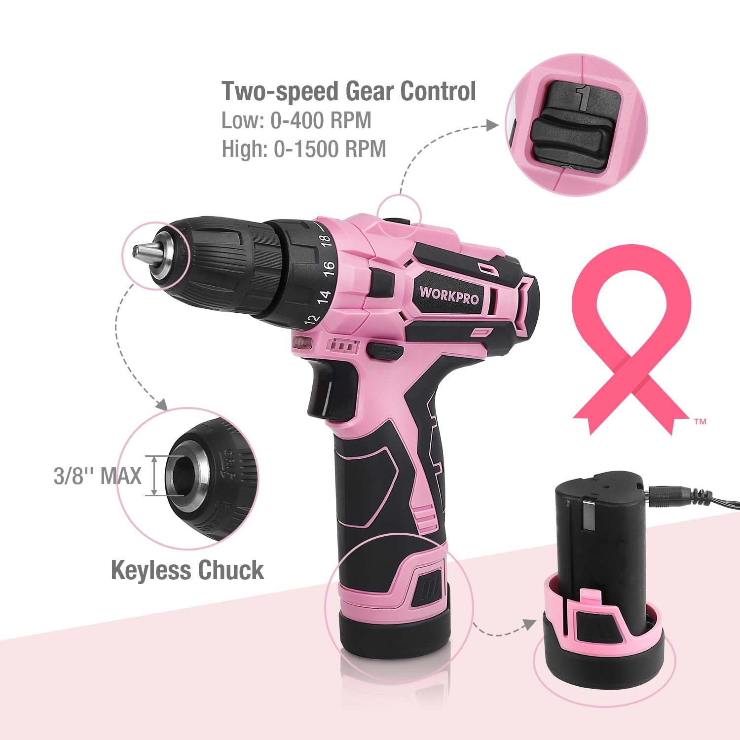 WORKPRO Pink Cordless Drill Driver Set, 12V Electric Screwdriver Driver Tool Kit, 3/8" Keyless Chuck, Charger and Storage Bag Included - Pink Ribbon WORKPRO