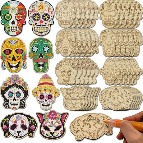 48 Sets Day of The Dead Skull Crafts Kits Unfinished Wooden Sugar Skull Ornaments Make Your Own Mexican Fiesta Festival Decor Halloween Blank DIY Generic