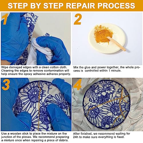 REALINN Kintsugi Repair Kit, Restore Broken Ceramics with Gold Powder &  50ml Glue, with 2pcs Practice Cups, Suitable Gift for DIY Kintsugi Repair