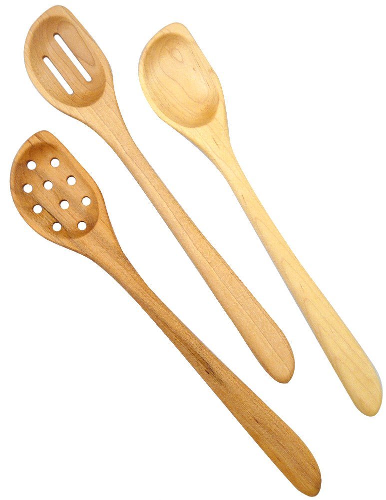 American Made Natural Hard Maple Wood Angled Cooking and Mixing Spoons, Set of 3 (Right Handed Version) Modern Artisans