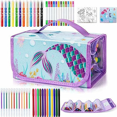Glitter Mermaid Marker Set with Pencil Case - 56 PCS Scented Markers for Kids Girls Birthday Christmas Gift Painting Coloring Markers Pens Set Art