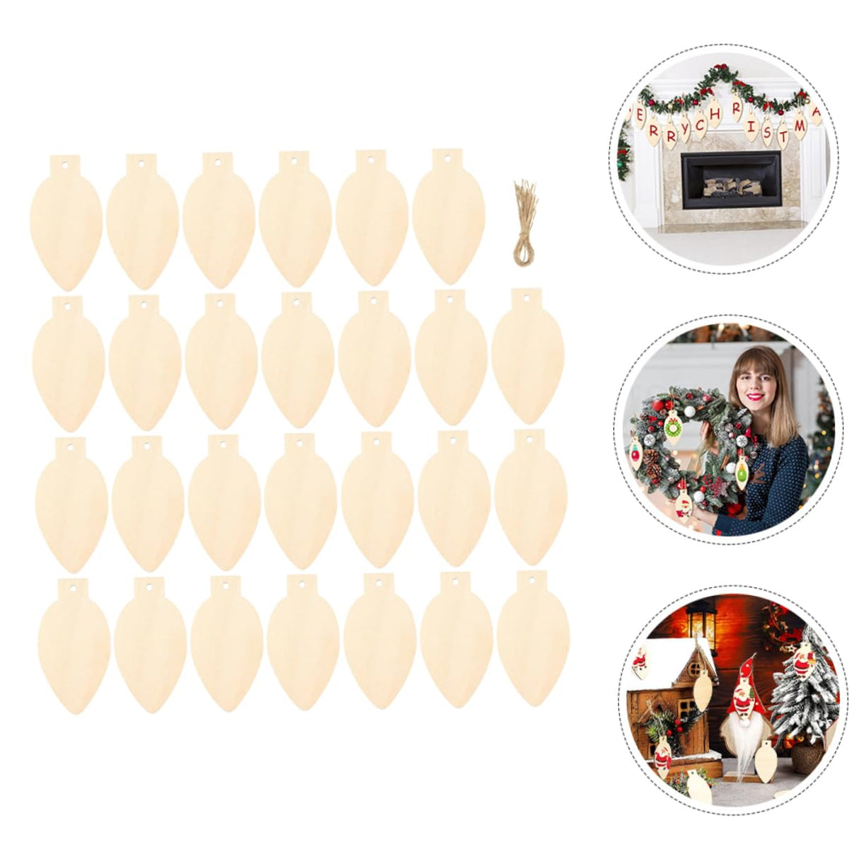 Artibetter 50pcs Christmas Wooden Cutout Unfinished Light Bulb Wooden Slices DIY Wooden Slice with Rope Wooden Christmas Ornaments Decor Kindergarten ARTIBETTER