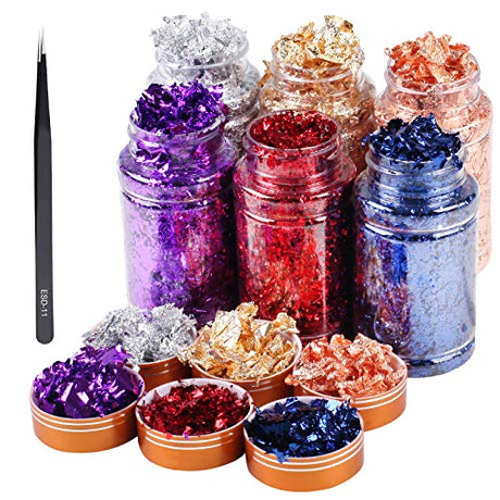 Gold Foil Flakes for Resin, 6 Bottles Gilding Flakes Metallic Foil Flakes with Tweezers for Nails,Painting,Crafts,Slime Mingjieus