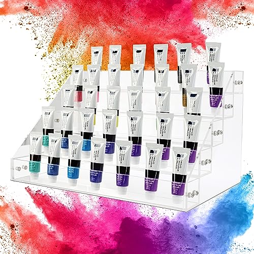 CraftyBook 5-Tiered Art Supply Storage Organizer with Paint Brush Holder - Clear Acrylic Tabletop Gel Polish Paint Storage Step Shelf - Acrylic Nail CraftyBook