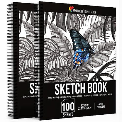 ZENACOLOR - Professional 200 Sheets Sketch Book 9x12 with Spiral Bound  and Hardback Cover - Pack of 2 - White Acid-Free Drawing Paper (100 g)