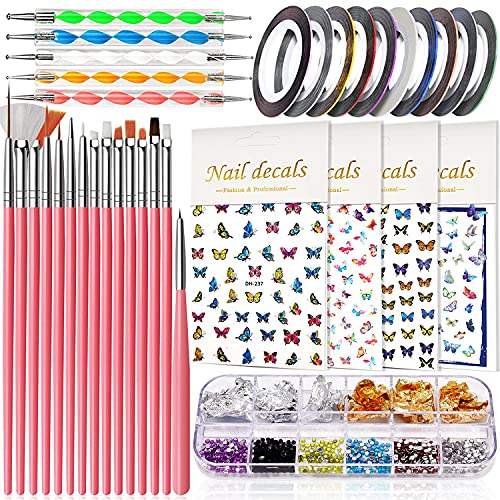 JOYJULY Nail Art Brushes, Nail Art Kit for Beginners with Nail Dotting Tools Butterfly Nail Art Stickers Nail Art Foil Rhinestone Nail Art Striping - WoodArtSupply