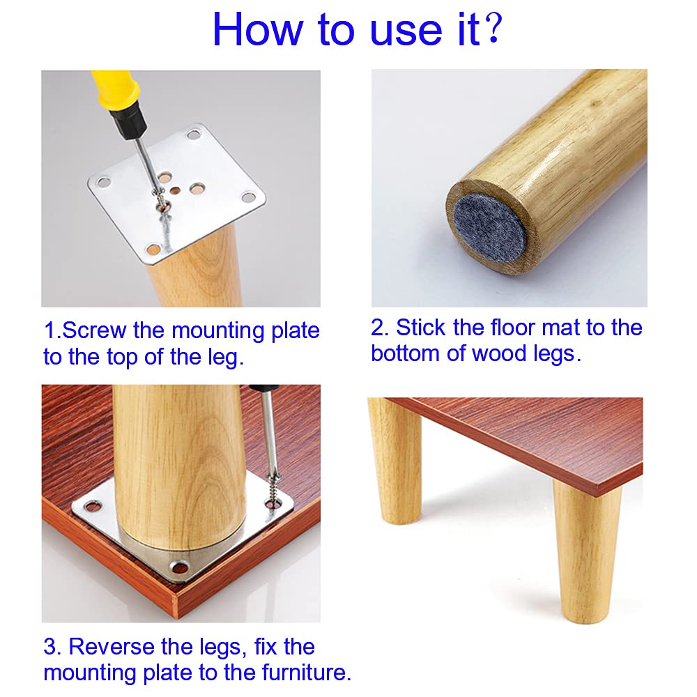 KITEVICH 4PACK Solid Wood Furniture Legs 6 Inch Sofa Legs, Replacement Legs Mid Century Modern Legs for Couch End Table TV Stand Bed Dresser Cabinet, KITEVICH