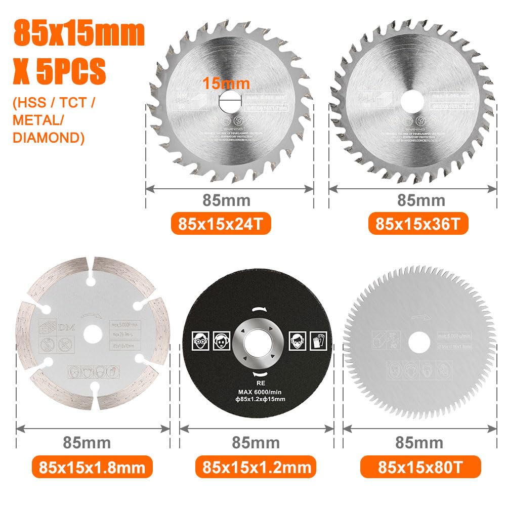 5Pcs 3-3/8 Inch Compact Circular Saw Blades Set with 19/32" Arbor TCT/HSS/Diamond Saw Blade/Grind Wheel for Angle Grinder Wood Plastic Sheet Metal Firearth