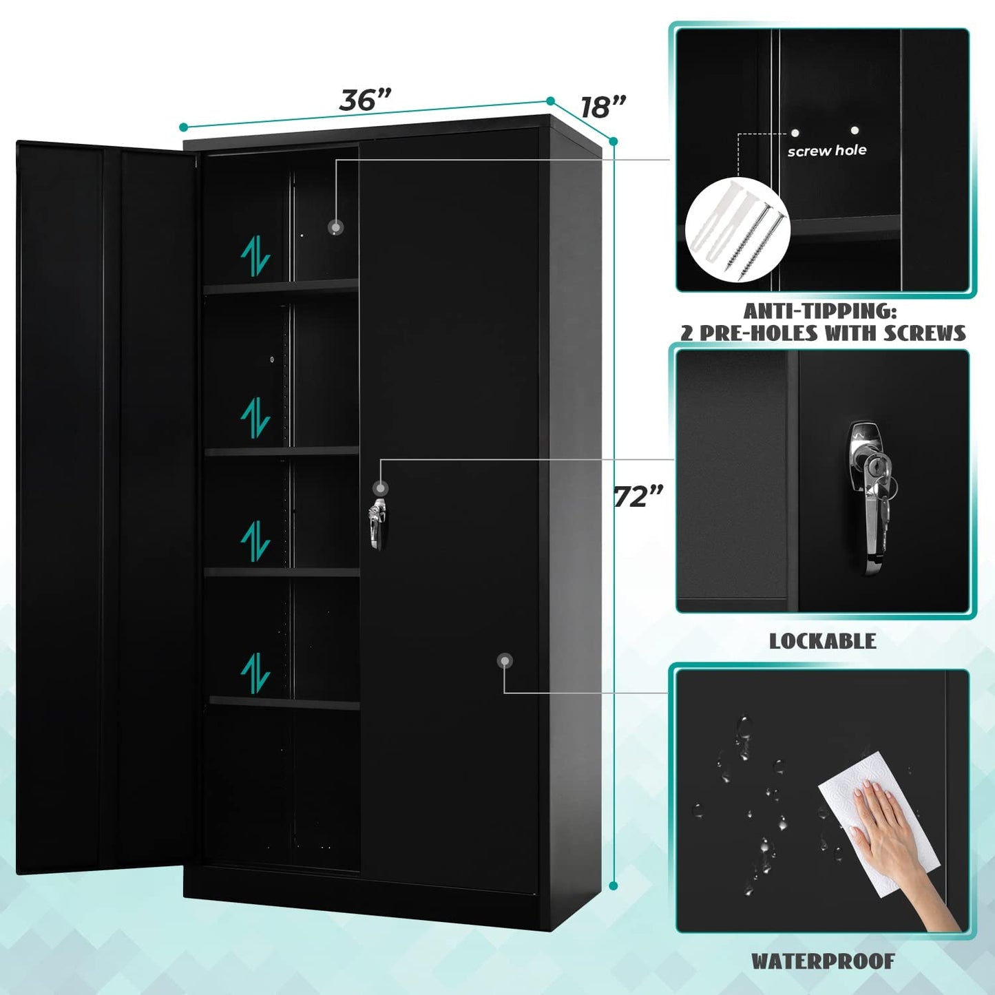 Metal Garage Storage Cabinet - 72" Locking Metal Cabinet with 2 Doors and Adjustable Shelves & Locking Doors for Tool Storage - Black