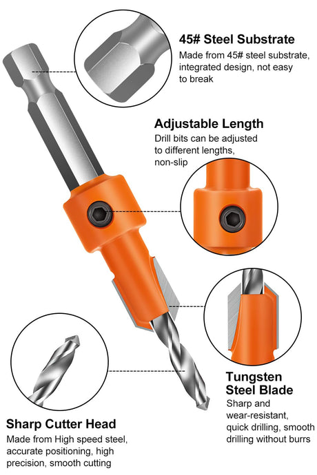 Lytool Countersink Drill Bit Set,5Pcs Counter Sink Drill Bit for Wood,1/4" Hex Shank Tapered Drill Bits for Woodworking and Carpentry,Quick Change Lytool