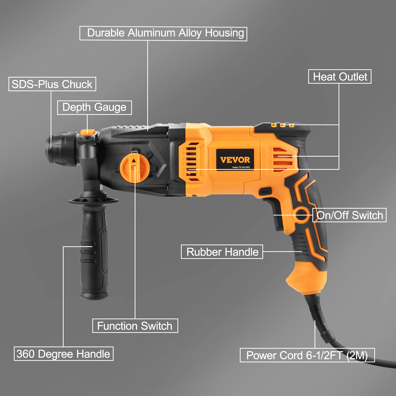 VEVOR 1 Inch SDS-Plus Rotary Hammer Drill, 8 Amp Corded Drills, Heavy Duty Chipping Hammers w/Safety Clutch, Electric Demolition Hammers, Taladro - WoodArtSupply